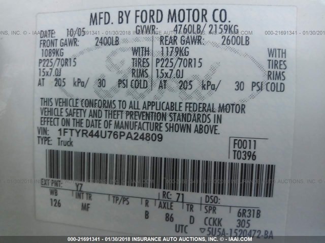 1FTYR44U76PA24809 - 2006 FORD RANGER SUPER CAB WHITE photo 9