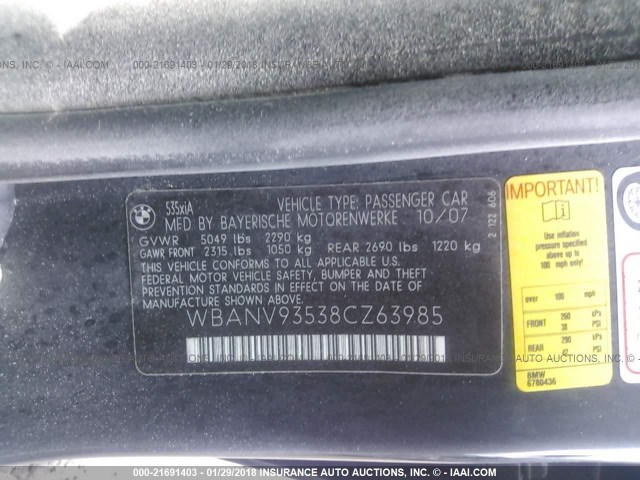 WBANV93538CZ63985 - 2008 BMW 535 XI BLACK photo 9