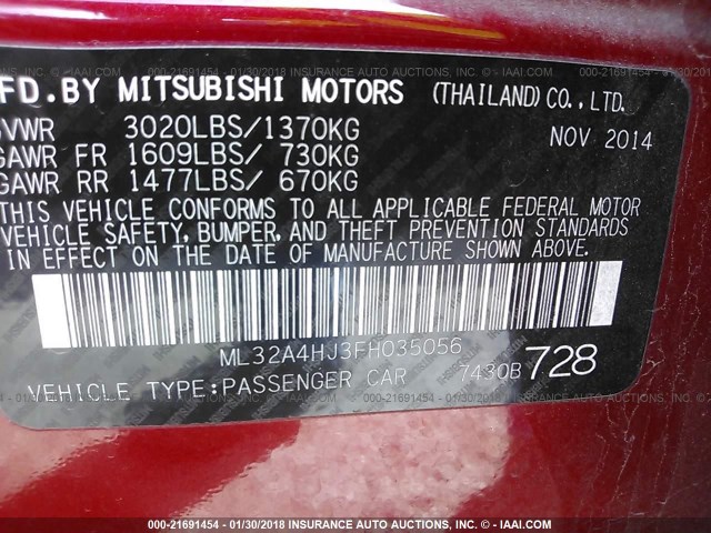 ML32A4HJ3FH035056 - 2015 MITSUBISHI MIRAGE ES RED photo 9