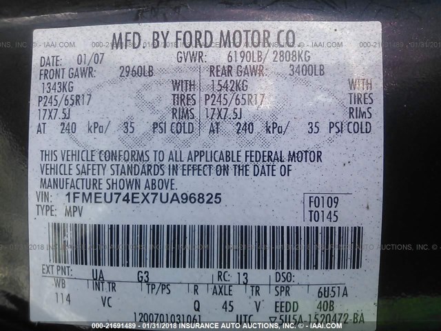 1FMEU74EX7UA96825 - 2007 FORD EXPLORER EDDIE BAUER BLACK photo 9