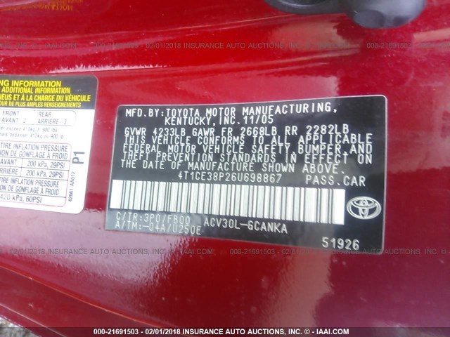 4T1CE38P26U698867 - 2006 TOYOTA CAMRY SOLARA SE/SLE წითელი ფოტო 9