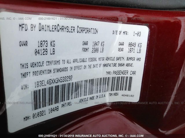 1B3EL46XX3N598292 - 2003 DODGE STRATUS SE/SXT MAROON photo 9