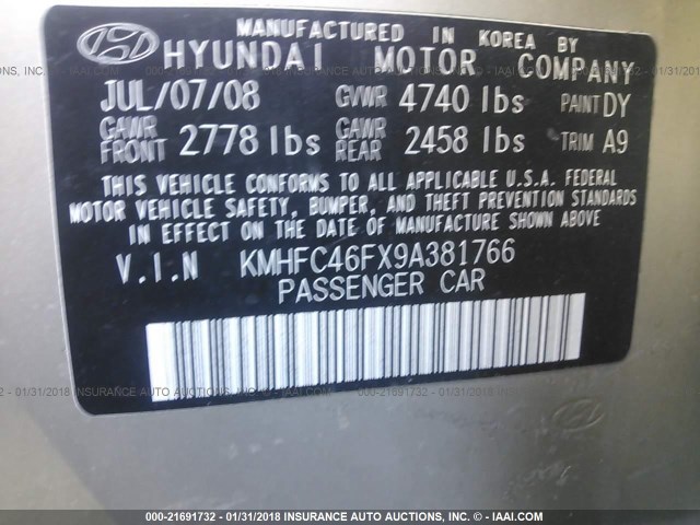 KMHFC46FX9A381766 - 2009 HYUNDAI AZERA SE/LIMITED TAN photo 9