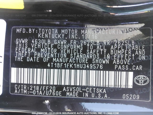4T1BF1FK1HU349576 - 2017 TOYOTA CAMRY LE/XLE/SE/XSE შავი ფოტო 9