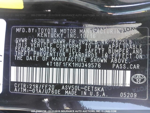 4T1BF1FK1HU349576 - 2017 TOYOTA CAMRY LE/XLE/SE/XSE BLACK photo 9