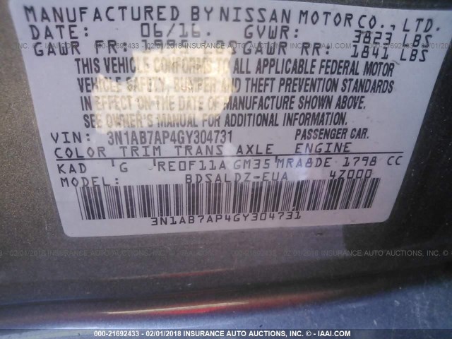 3N1AB7AP4GY304731 - 2016 NISSAN SENTRA S/SV/SR/SL GRAY photo 9