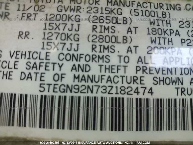 5TEGN92N73Z182474 - 2003 TOYOTA TACOMA DOUBLE CAB PRERUNNER SILVER photo 9