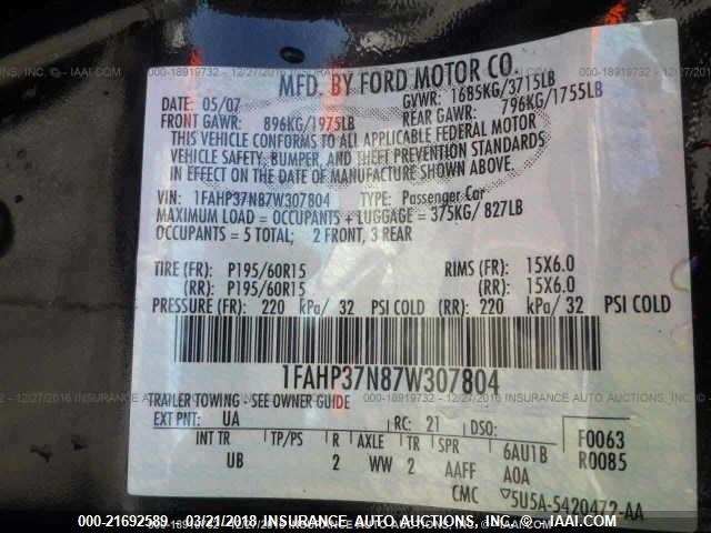 1FAHP37N87W307804 - 2007 FORD FOCUS ZX5/S/SE/SES 黑色 照片 9