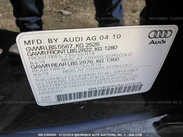 WA1VKAFP2AA101816 - 2010 AUDI Q5 PRESTIGE BLACK photo 9