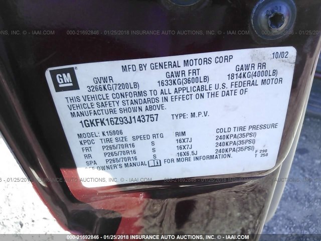 1GKFK16Z93J143757 - 2003 GMC YUKON XL K1500 MAROON photo 9