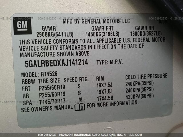 5GALRBEDXAJ141214 - 2010 BUICK ENCLAVE CXL 金色 照片 9