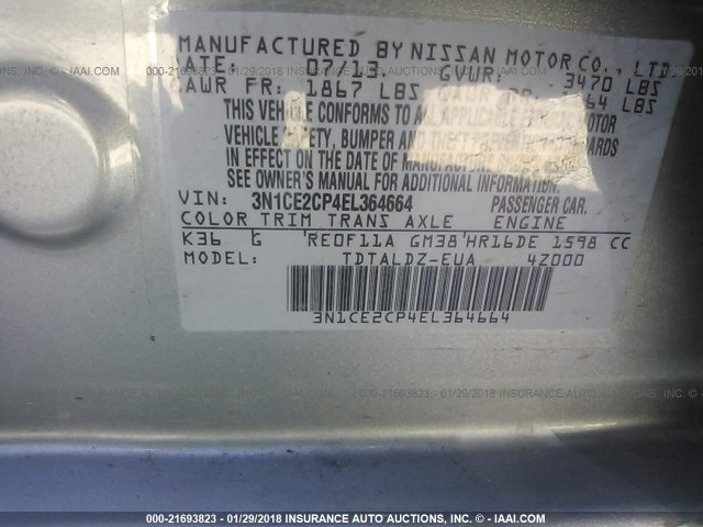 3N1CE2CP4EL364664 - 2014 NISSAN VERSA NOTE S/S PLUS/SV/SL GRAY photo 9