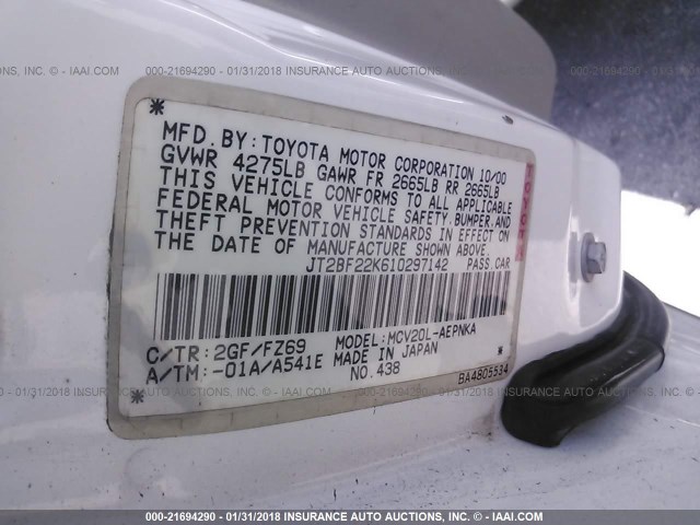 JT2BF22K610297142 - 2001 TOYOTA CAMRY CE/LE/XLE WHITE photo 9