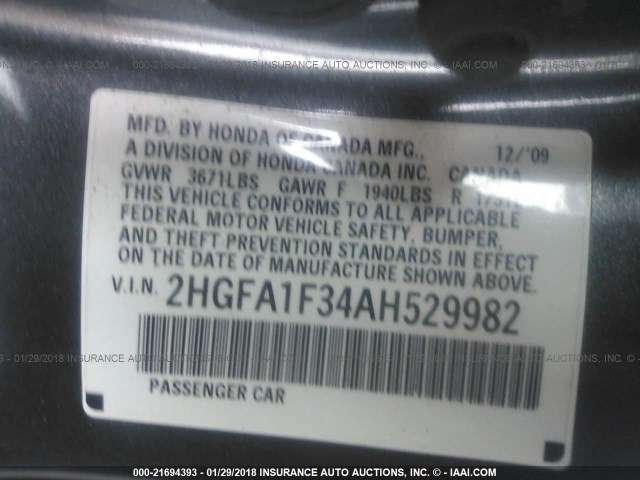 2HGFA1F34AH529982 - 2010 HONDA CIVIC VP GRAY photo 9