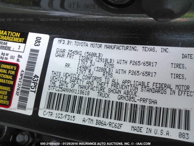 5TFCZ5ANXHX118618 - 2017 TOYOTA TACOMA DBL CAB/SR/TRDSPT/OR/PRO ნაცრისფერი ფოტო 9