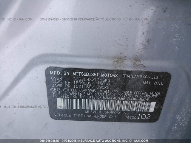 ML32F3FJ5HHF06855 - 2017 MITSUBISHI MIRAGE G4 ES ვერცხლისფერი ფოტო 9