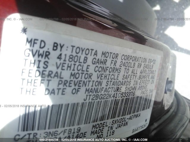 JT2BG22K410533378 - 2001 TOYOTA CAMRY CE/LE/XLE 红色 照片 9