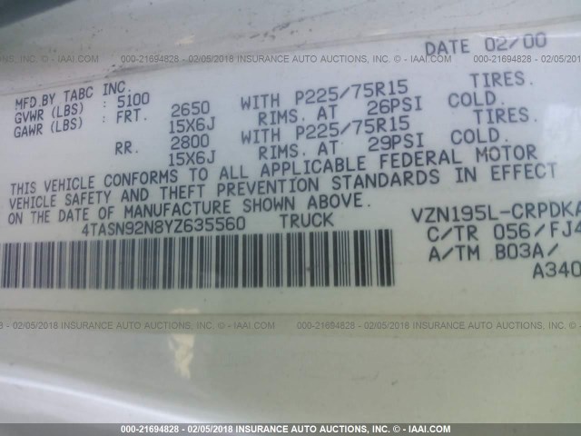 4TASN92N8YZ635560 - 2000 TOYOTA TACOMA XTRACAB PRERUNNER თეთრი ფოტო 9