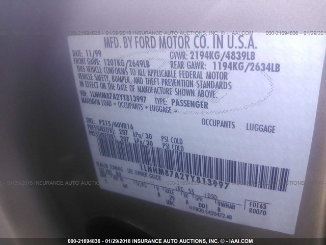 1LNHM87A2YY813997 - 2000 LINCOLN LS BEIGE photo 9