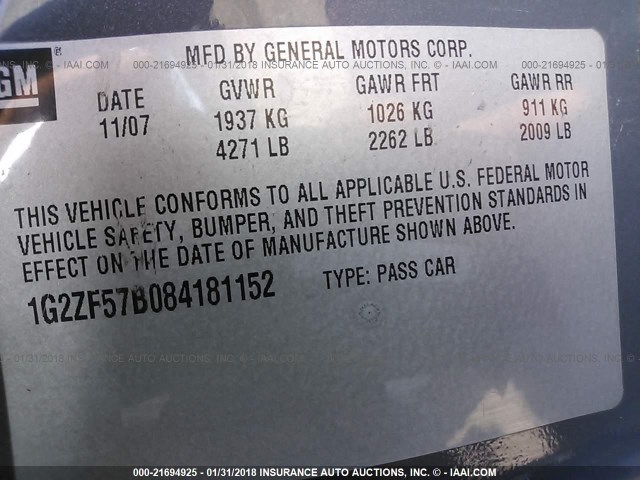1G2ZF57B084181152 - 2008 PONTIAC G6 VALUE LEADER/BASE GRAY photo 9