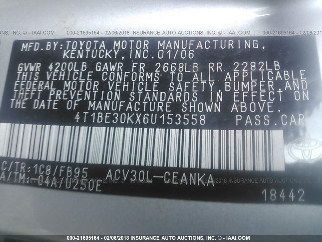 4T1BE30KX6U153558 - 2006 TOYOTA CAMRY LE/XLE/SE GRAY photo 9