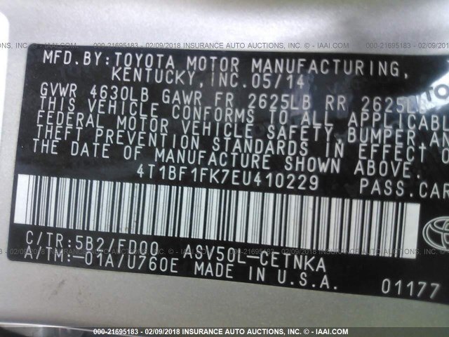4T1BF1FK7EU410229 - 2014 TOYOTA CAMRY L/SE/LE/XLE ბეჟი ფოტო 9