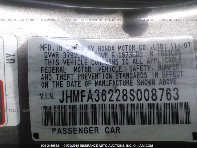 JHMFA36228S008763 - 2008 HONDA CIVIC HYBRID GRAY photo 9