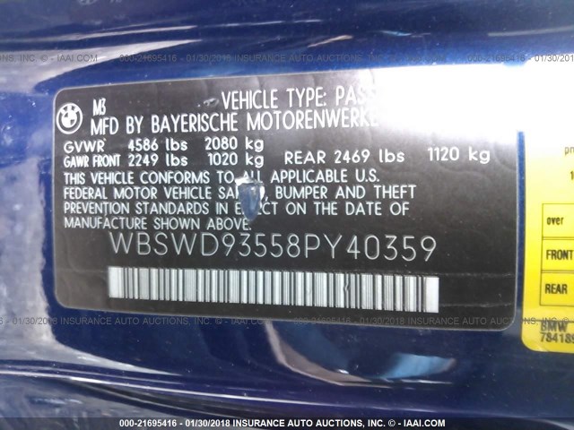 WBSWD93558PY40359 - 2008 BMW M3 BLUE photo 9