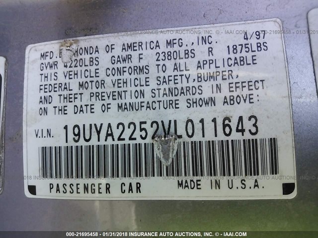 19UYA2252VL011643 - 1997 ACURA 3.0CL SILVER photo 9