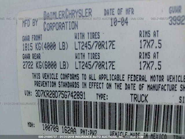 3D7KR28D75G742891 - 2005 DODGE RAM 2500 ST/SLT 白色 照片 9