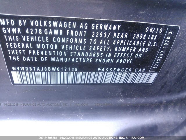 WVWDB7AJ8BW017138 - 2011 VOLKSWAGEN GOLF 灰色 照片 9