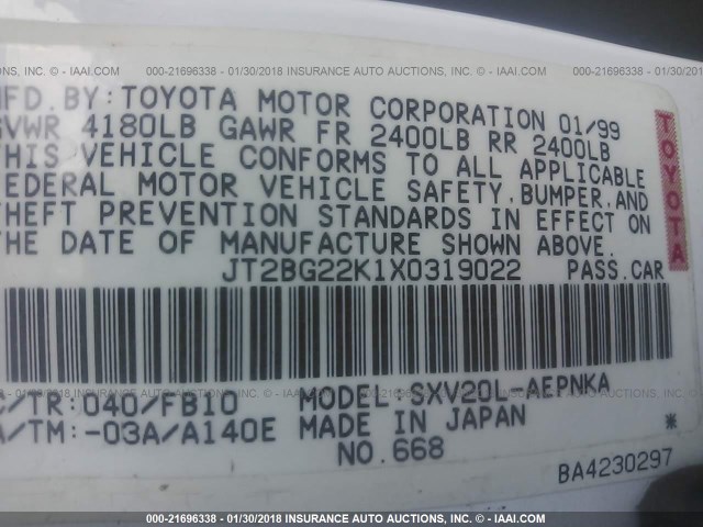 JT2BG22K1X0319022 - 1999 TOYOTA CAMRY LE/XLE Weiß Foto 9