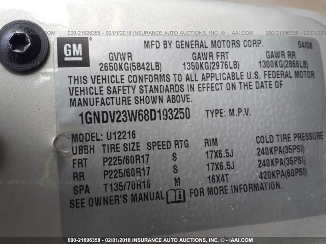 1GNDV23W68D193250 - 2008 CHEVROLET UPLANDER LS TAN photo 9