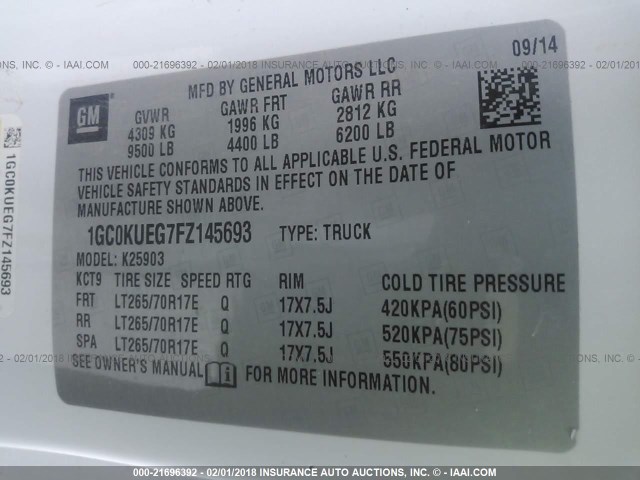 1GC0KUEG7FZ145693 - 2015 CHEVROLET SILVERADO K2500 HEAVY DUTY WHITE photo 9