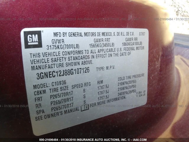 3GNEC12J88G107126 - 2008 CHEVROLET AVALANCHE C1500 BURGUNDY photo 9