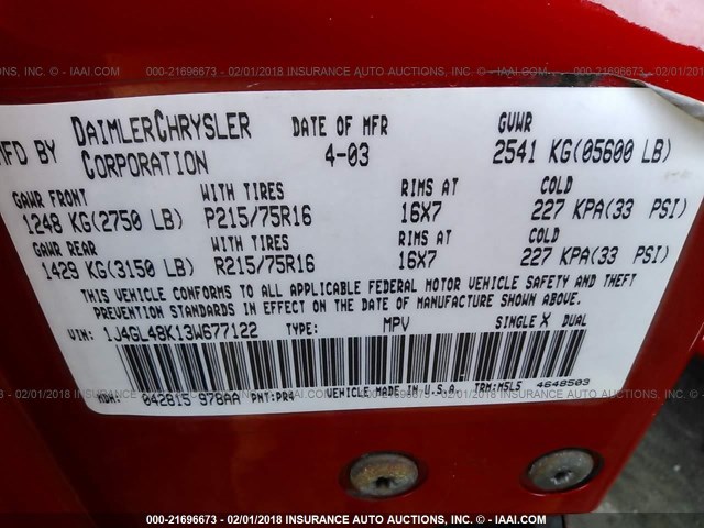 1J4GL48K13W677122 - 2003 JEEP LIBERTY SPORT/FREEDOM წითელი ფოტო 9