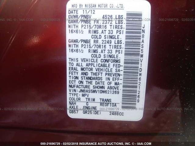 JN8AS5MV1DW621269 - 2013 NISSAN ROGUE S/SV MAROON photo 9