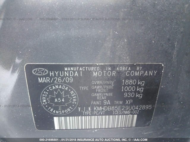 KMHDB85E29U042895 - 2009 HYUNDAI ELANTRA TOURING  GRAY photo 9