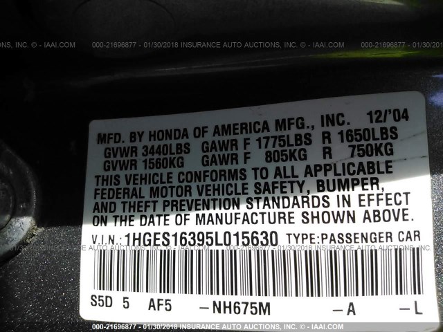 1HGES16395L015630 - 2005 HONDA CIVIC DX VP Boz foto 9