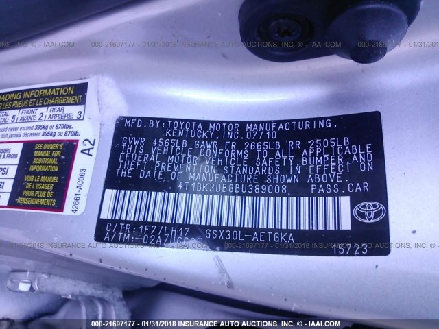 4T1BK3DB8BU389008 - 2011 TOYOTA AVALON LIMITED GRAY photo 9