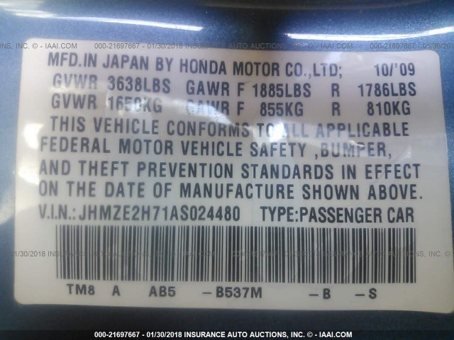 JHMZE2H71AS024480 - 2010 HONDA INSIGHT EX BLUE photo 9