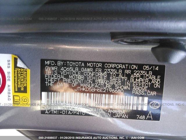 JTHKD5BH6E2196680 - 2014 LEXUS CT 200 GRAY photo 9