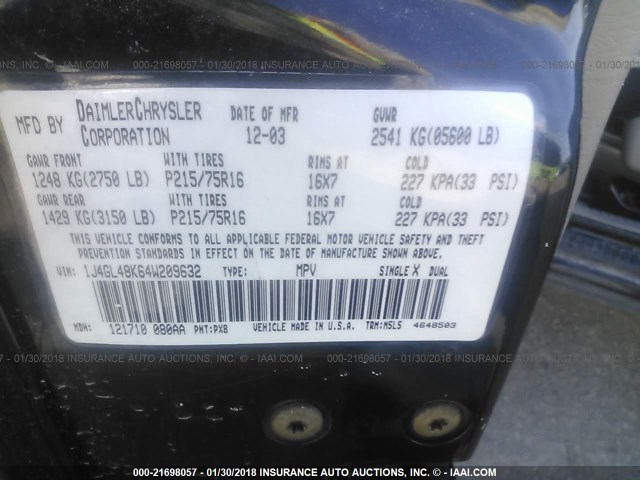 1J4GL48K64W209632 - 2004 JEEP LIBERTY SPORT 黑色 照片 9