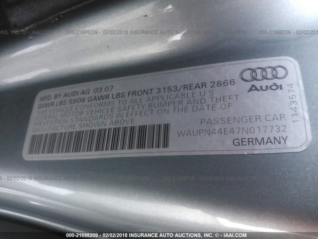 WAUPN44E47N017732 - 2007 AUDI S8 QUATTRO SILVER photo 9