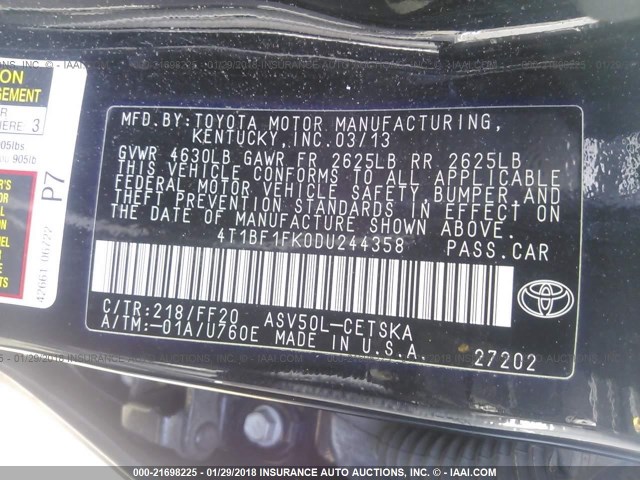 4T1BF1FK0DU244358 - 2013 TOYOTA CAMRY L/SE/LE/XLE 黑色 照片 9