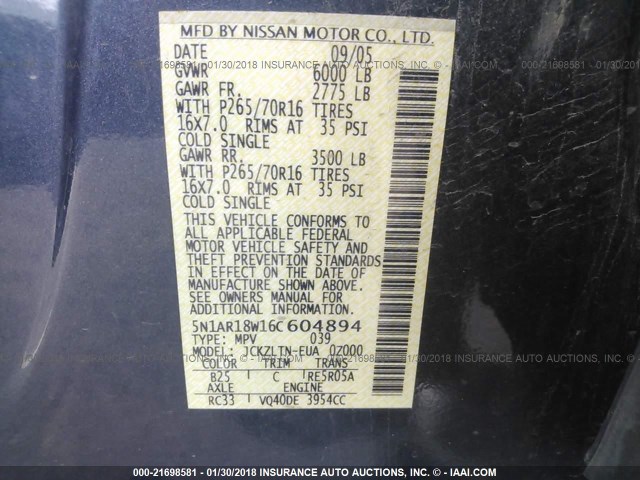 5N1AR18W16C604894 - 2006 NISSAN PATHFINDER LE/SE/XE BLUE photo 9