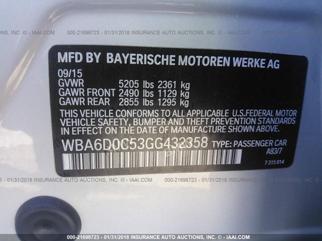 WBA6D0C53GG432358 - 2016 BMW 640 I/GRAN COUPE SILVER photo 9