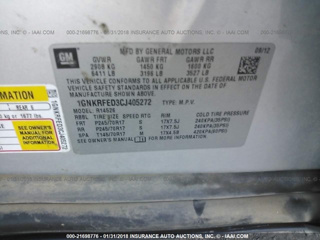 1GNKRFED3CJ405272 - 2012 CHEVROLET TRAVERSE LS SILVER photo 9