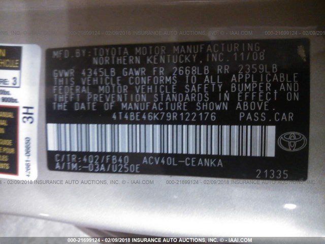 4T4BE46K79R122176 - 2009 TOYOTA CAMRY SE/LE/XLE GOLD photo 9