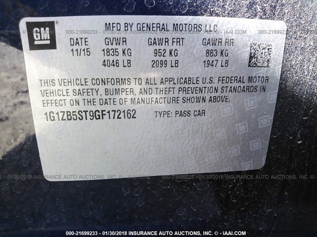 1G1ZB5ST9GF172162 - 2016 CHEVROLET MALIBU LS 深蓝色 照片 9